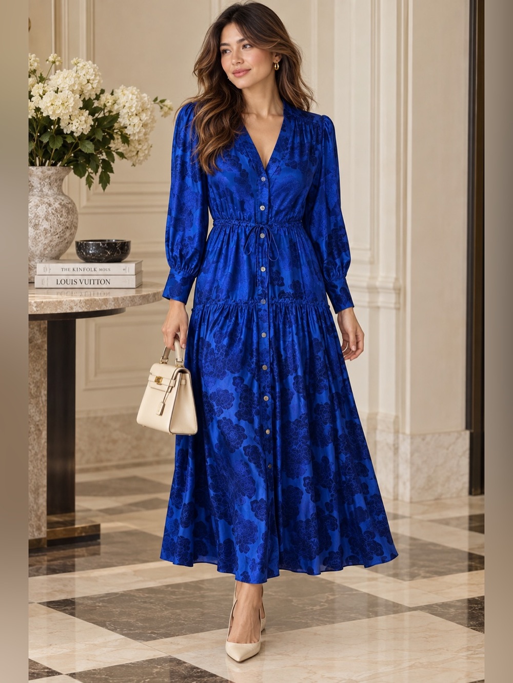 DYVNA Blue Floral Silk Blend Button Front Maxi Dress Size S